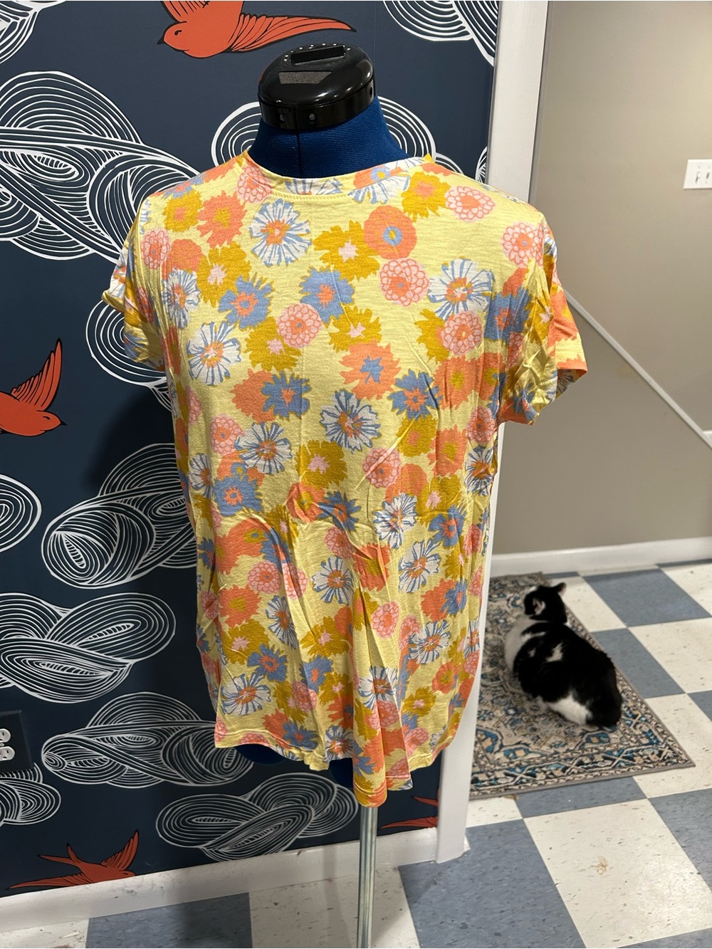 EUC Marine Layer Yellow Floral Tee with Coral and Blue Accents